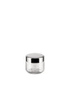 Clear glass storage jar by Alessi with a polished silver lid and etched cut-out figures.