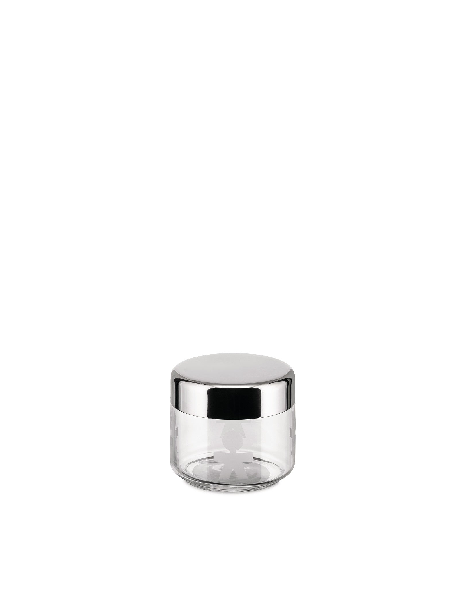 Clear glass storage jar by Alessi with a polished silver lid and etched cut-out figures.
