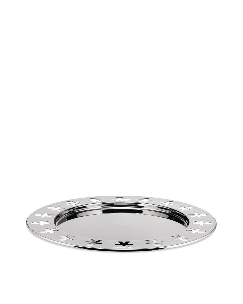 Polished silver serving tray by Alessi with a rim featuring cut-out stick figures.