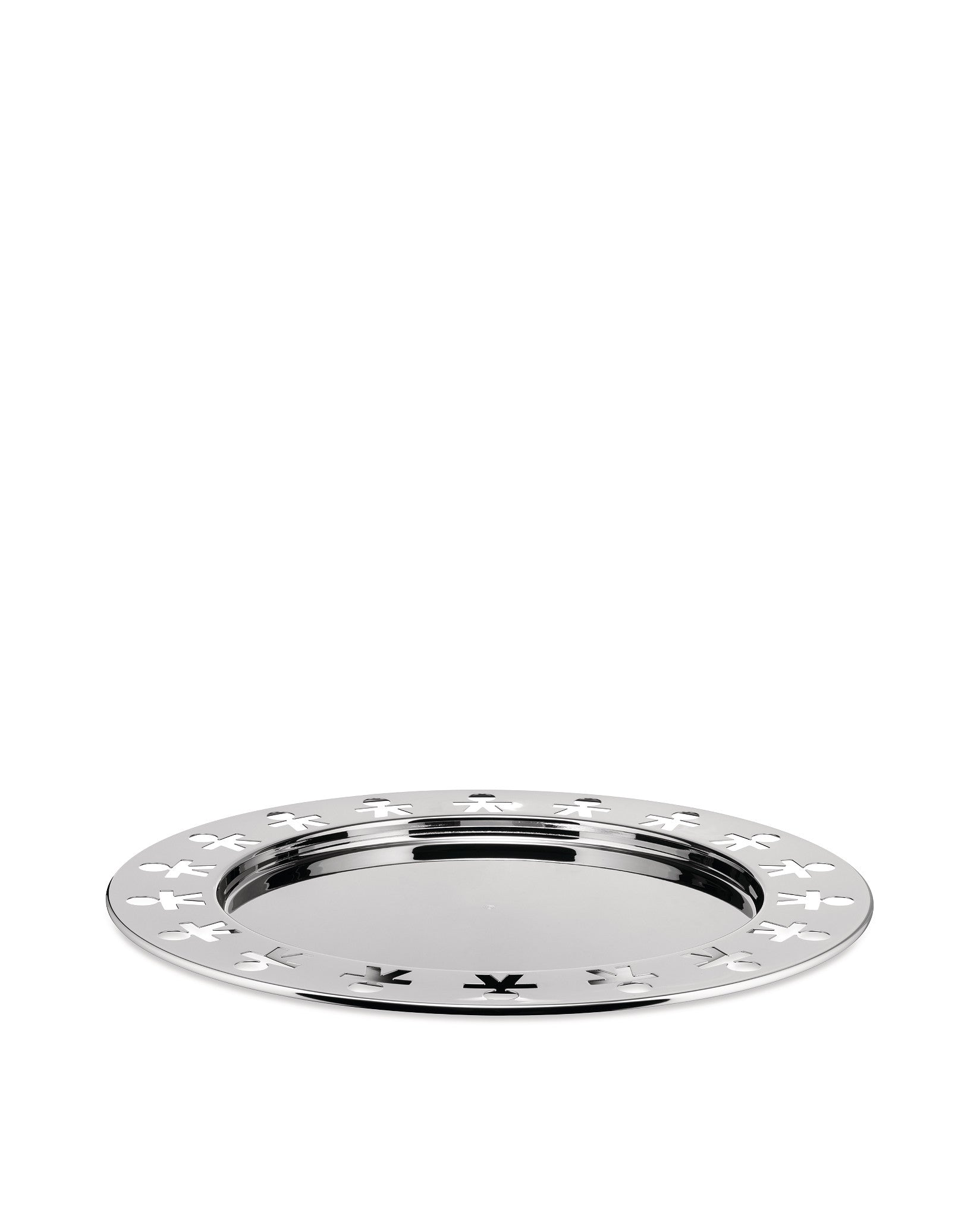 Polished silver serving tray by Alessi with a rim featuring cut-out stick figures.