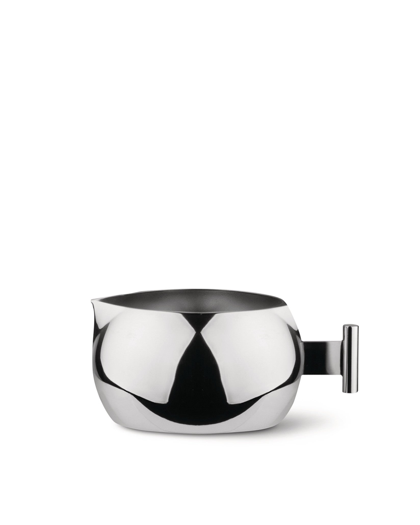 Polished stainless steel creamer by Alessi, featuring a modern curved body, pouring spout, and minimalist bar handle.
