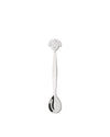 A silver-toned coffee spoon by Alessi featuring a stylized smiling face on the handle with a polished finish.