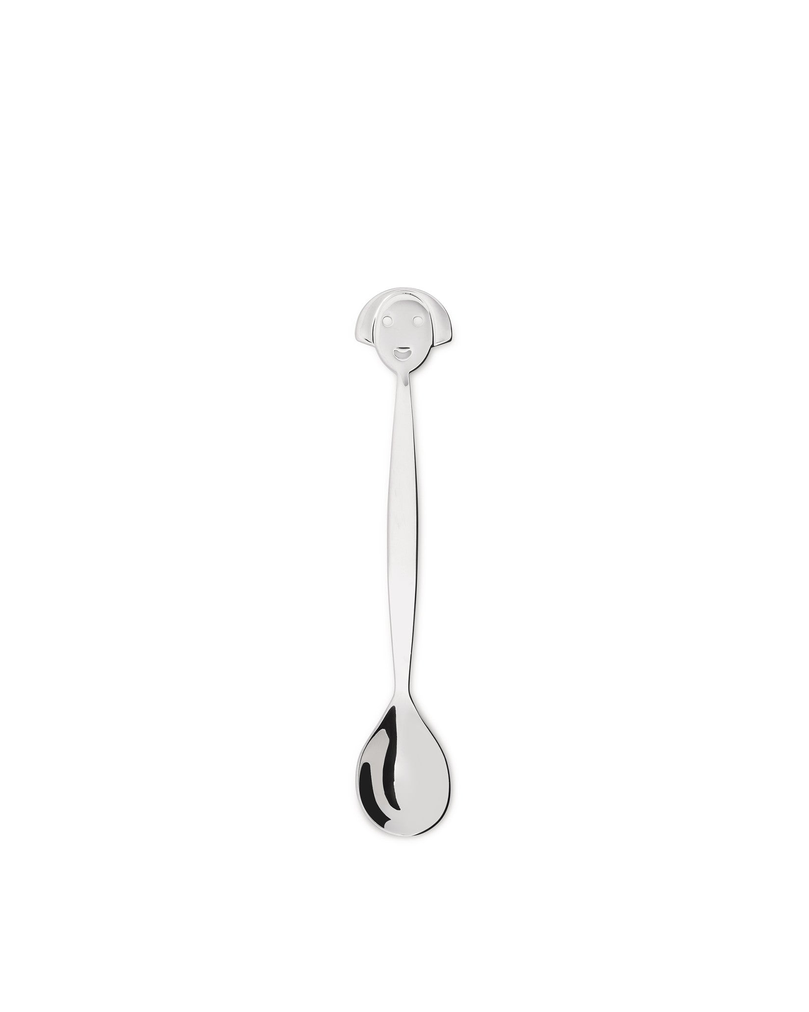 A silver-toned coffee spoon by Alessi featuring a stylized smiling face on the handle with a polished finish.
