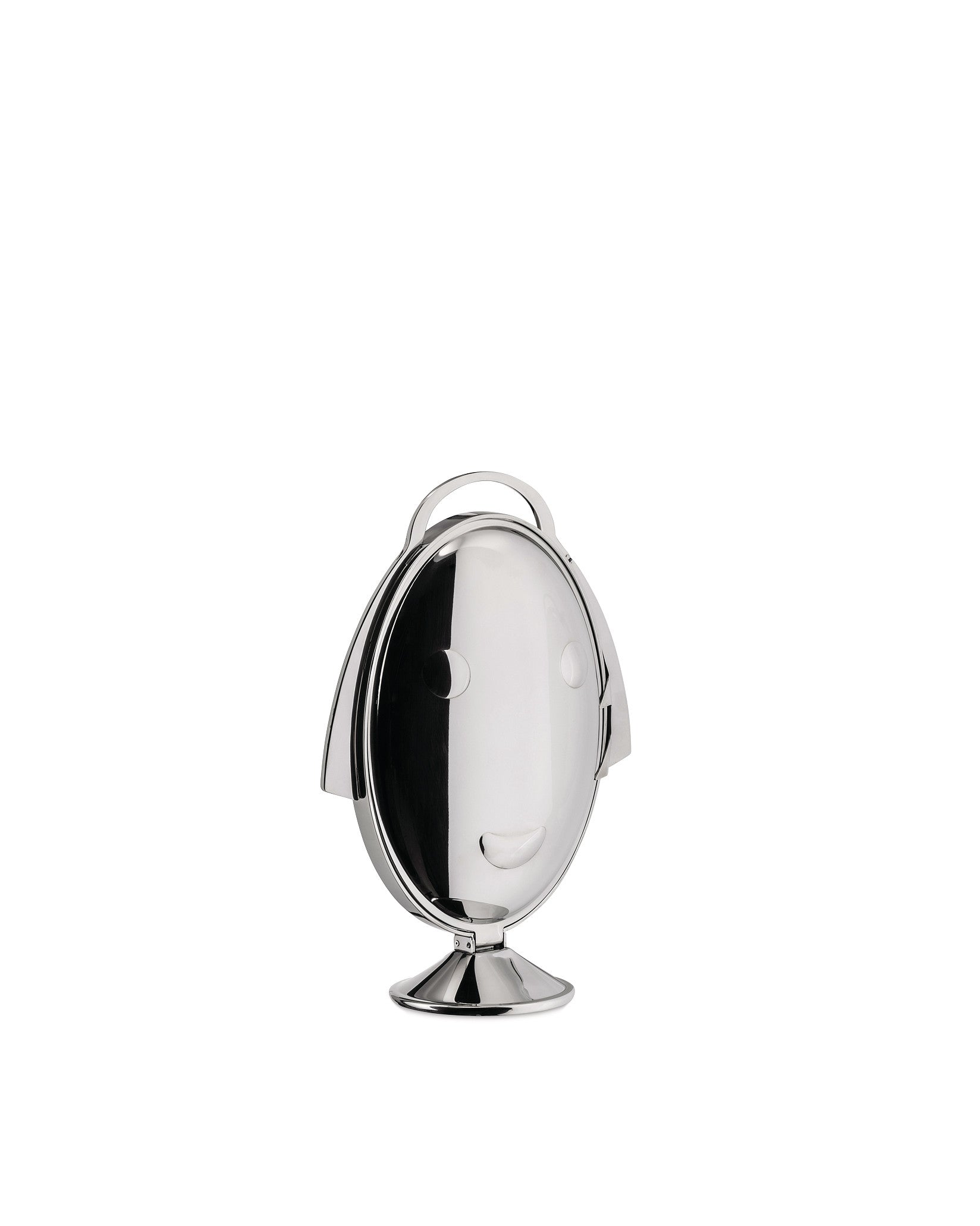 Polished silver-toned folding cake stand by Alessi, featuring a stylized face design and a top handle, on a white background.