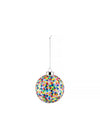 A round multicolored confetti ornament by Alessi, hanging from a silver chain against a white background.
