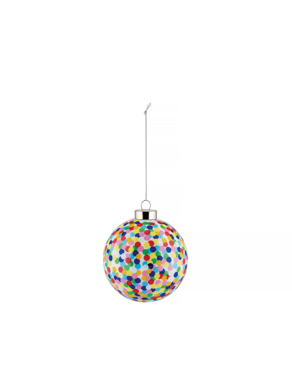 A round multicolored confetti ornament by Alessi, hanging from a silver chain against a white background.