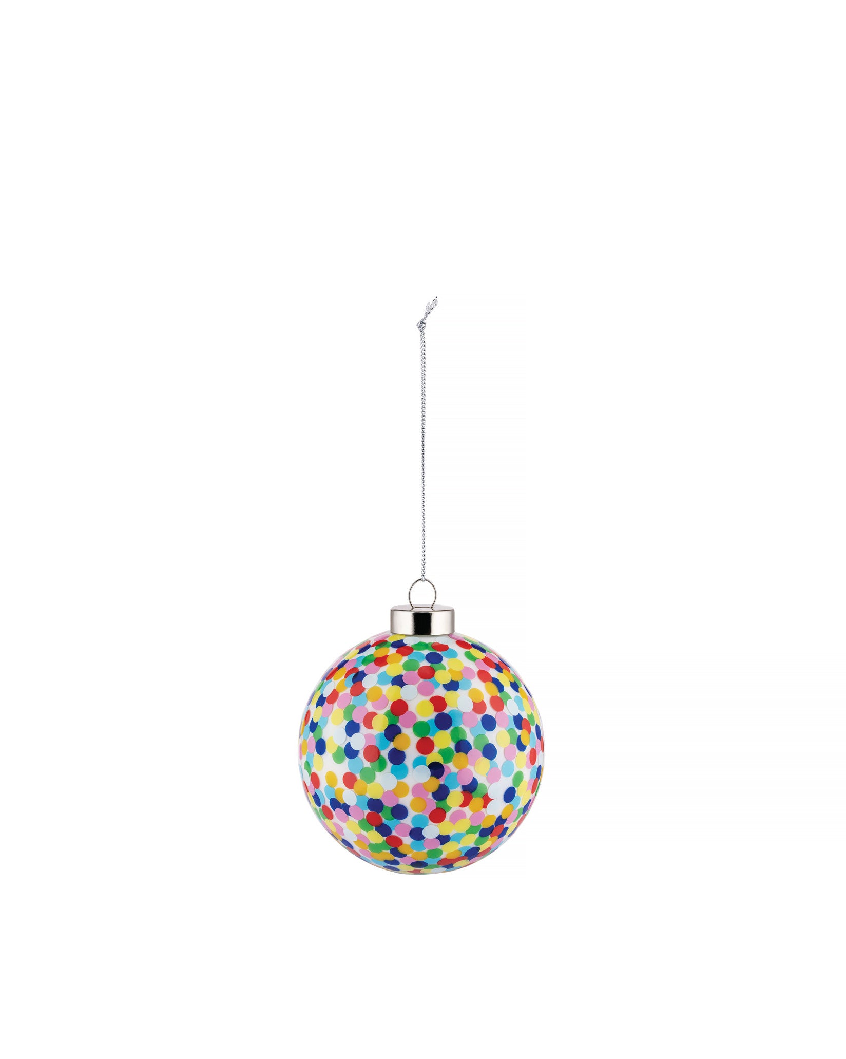 A round multicolored confetti ornament by Alessi, hanging from a silver chain against a white background.