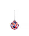 Multicolored confetti spherical Christmas ornament by Alessi with a silver cap and thin chain.
