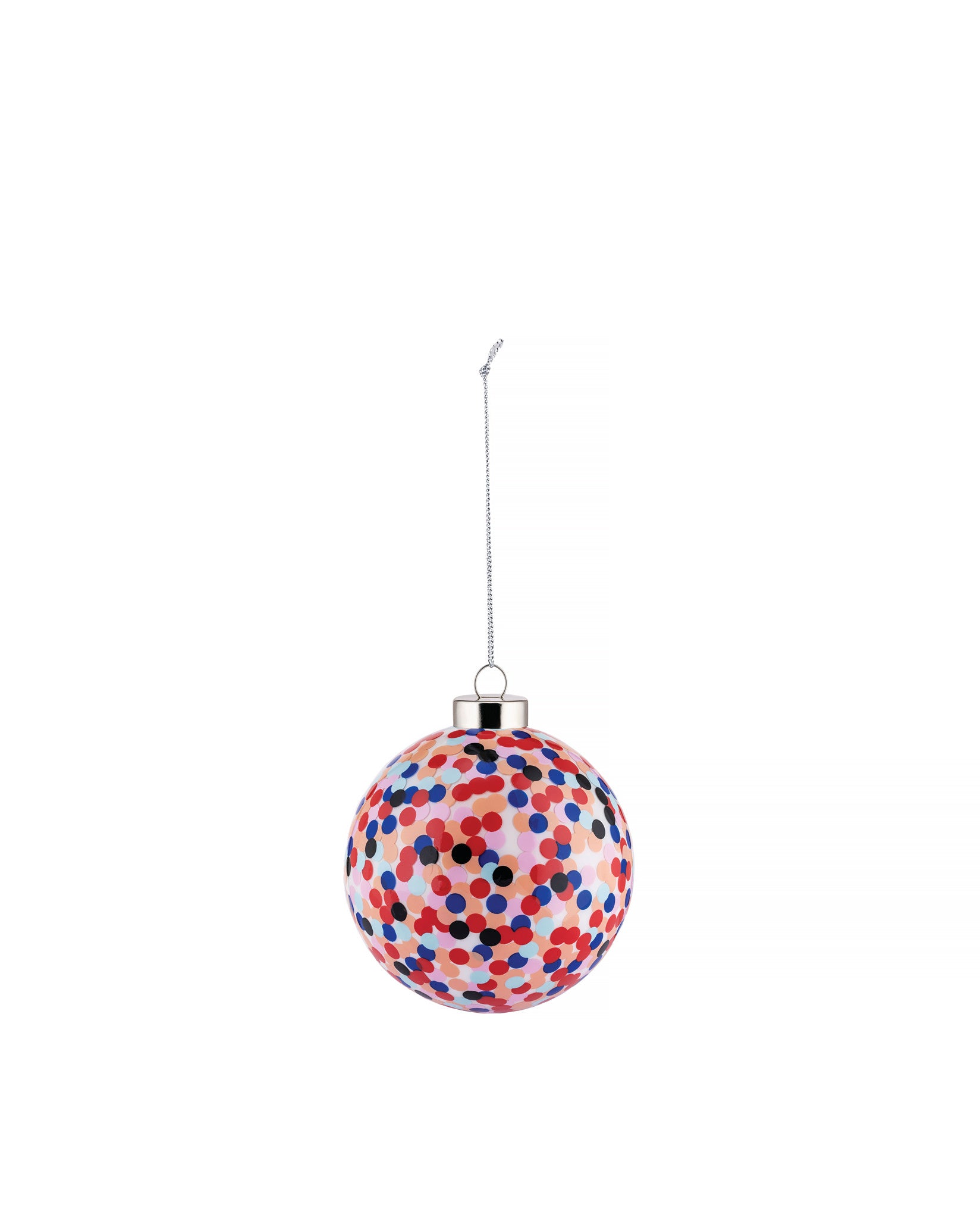 Multicolored confetti spherical Christmas ornament by Alessi with a silver cap and thin chain.