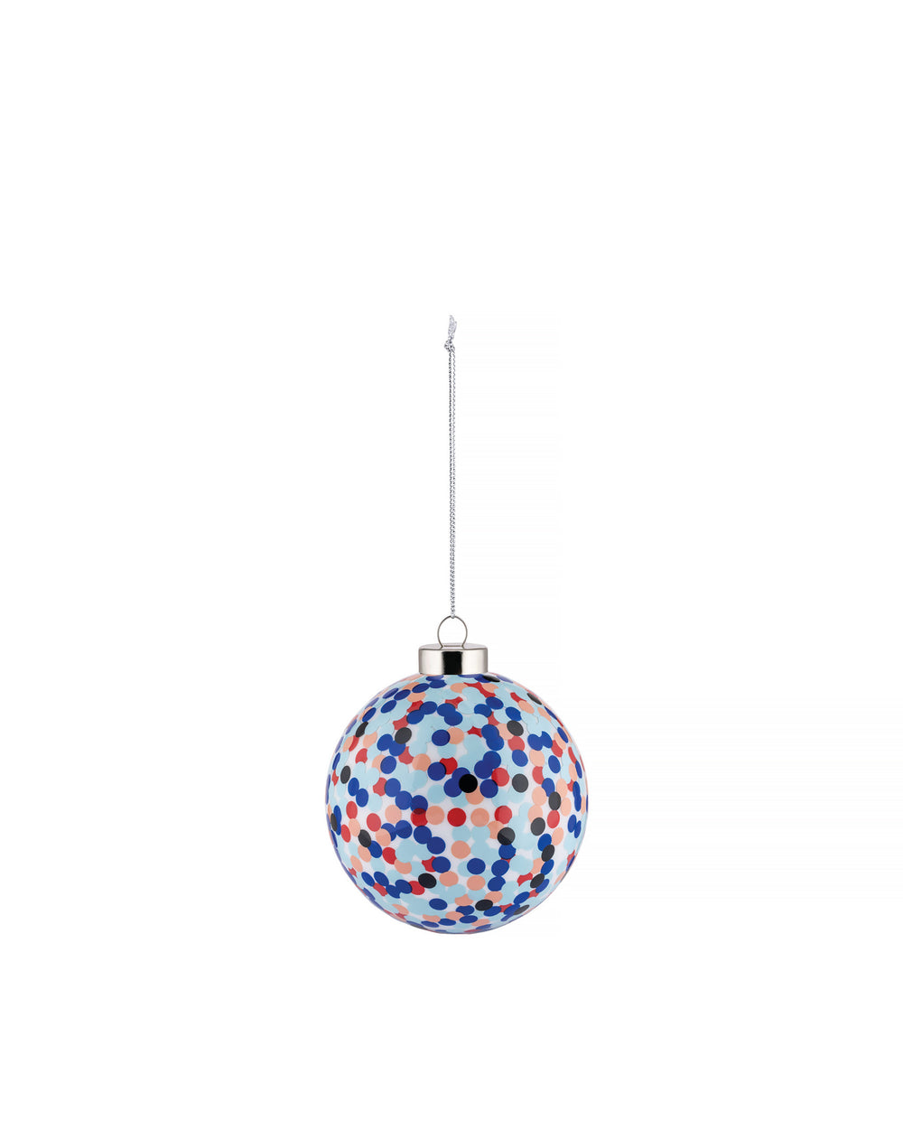 Spherical Christmas ornament by Alessi, covered in colorful polka dots, hanging by a silver chain.