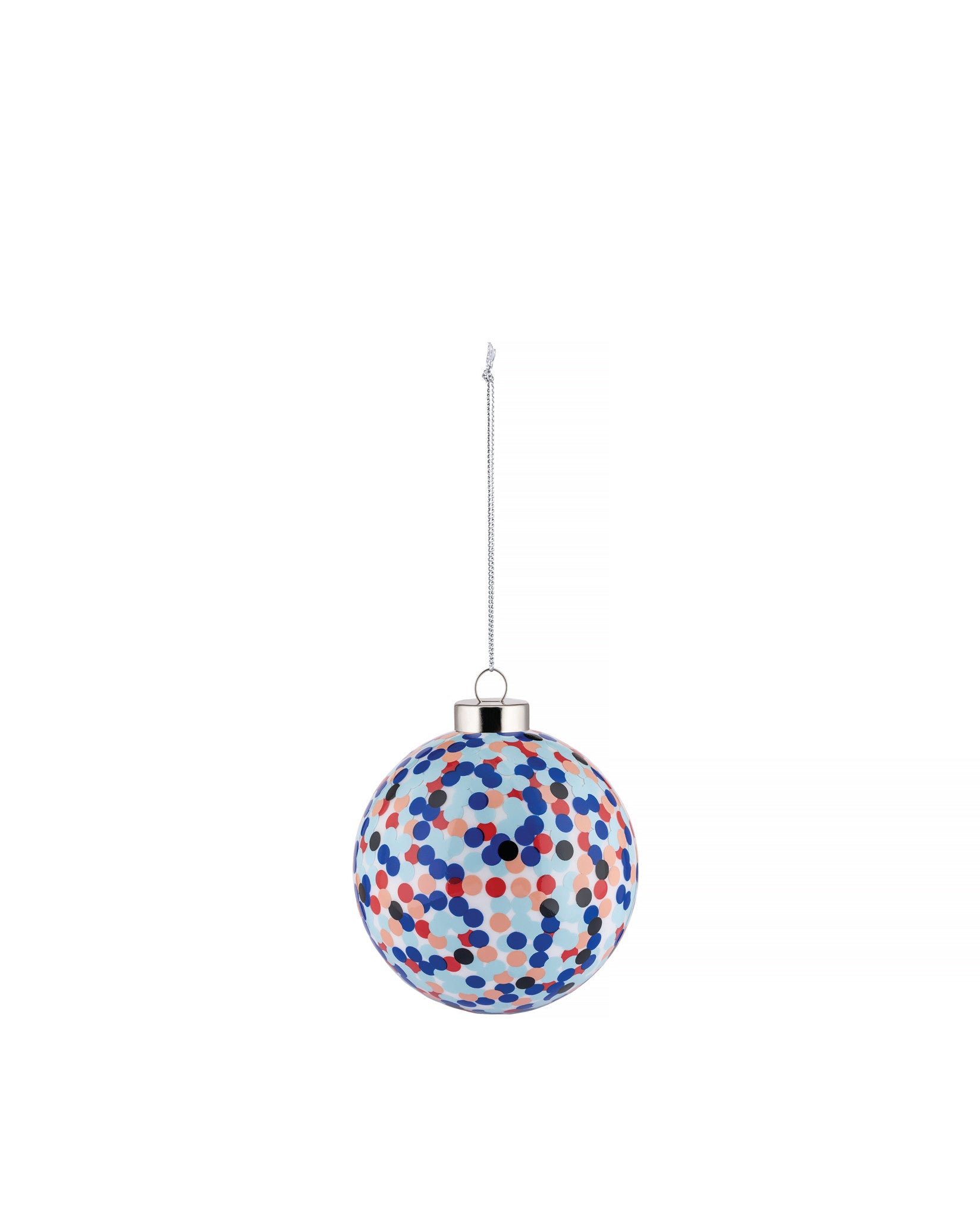Spherical Christmas ornament by Alessi, covered in colorful polka dots, hanging by a silver chain.