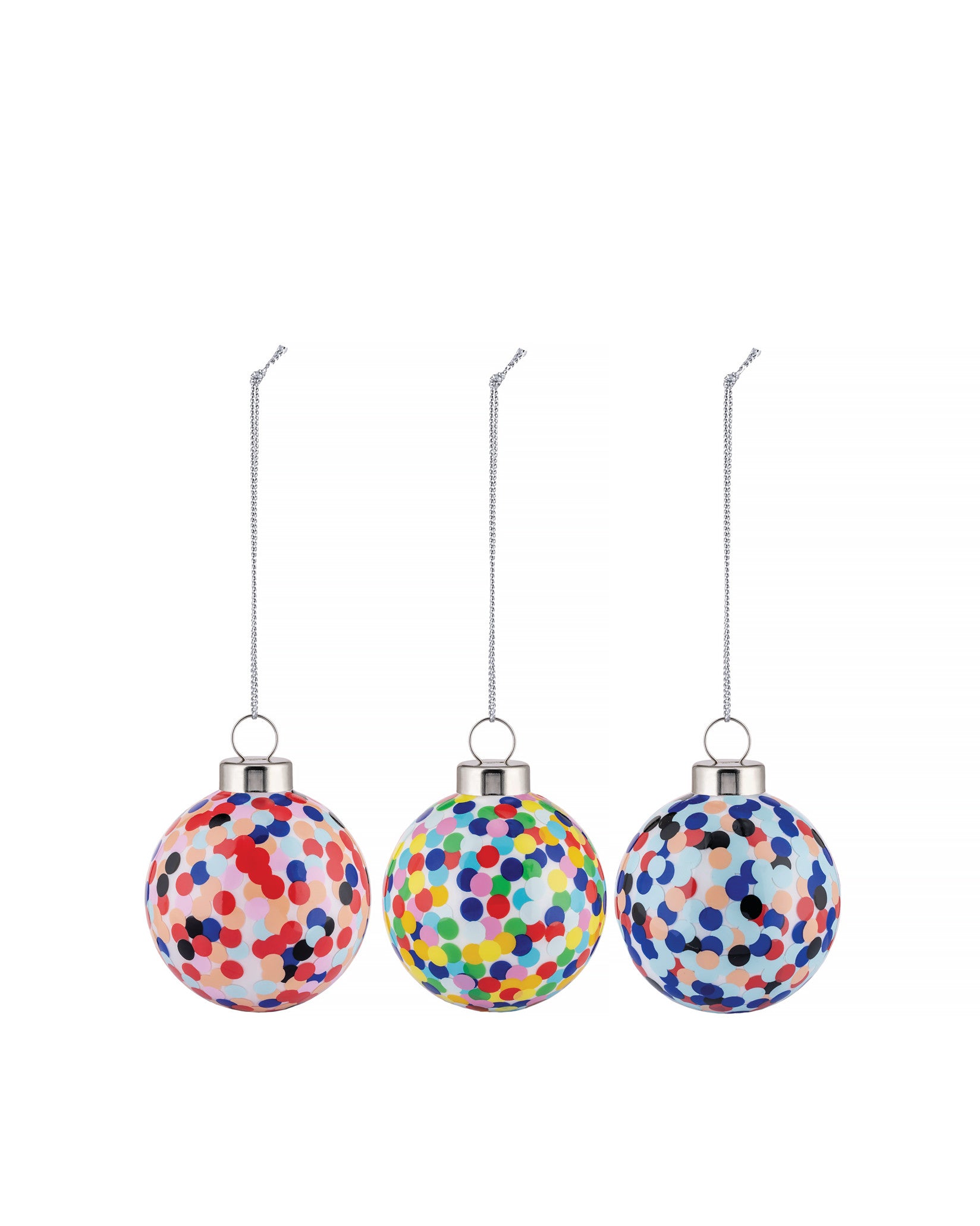 Three multicolored Christmas ornaments by Alessi, featuring confetti polka dot patterns and silver hanging chains.
