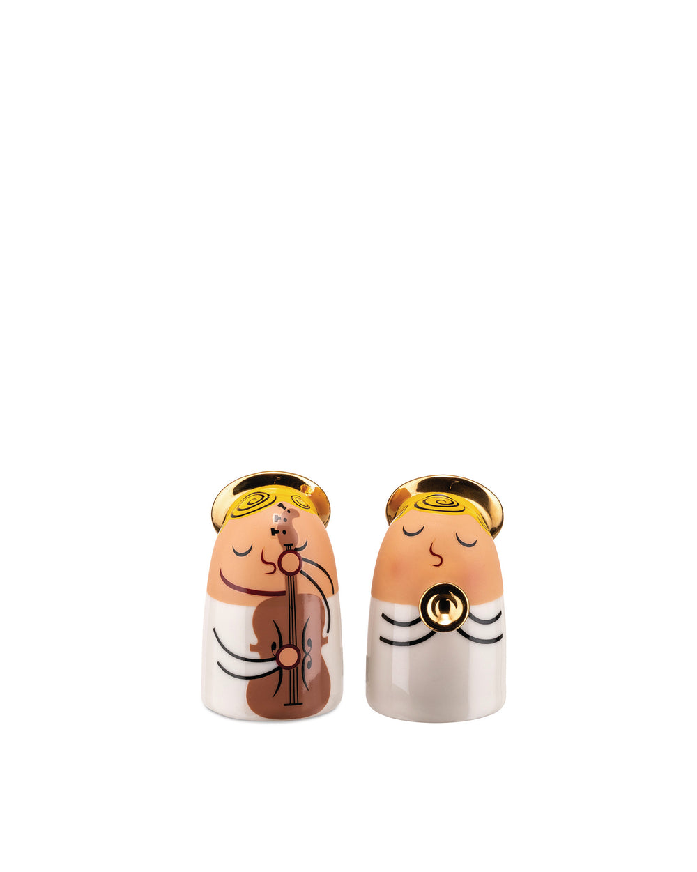 A pair of white and tan angel figurines by Alessi, one playing a brown violin and the other a gold circular instrument, both with gold halos.