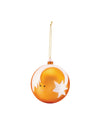 Orange and white Christmas ornament by Alessi, featuring a smiling comet star design with a golden string.