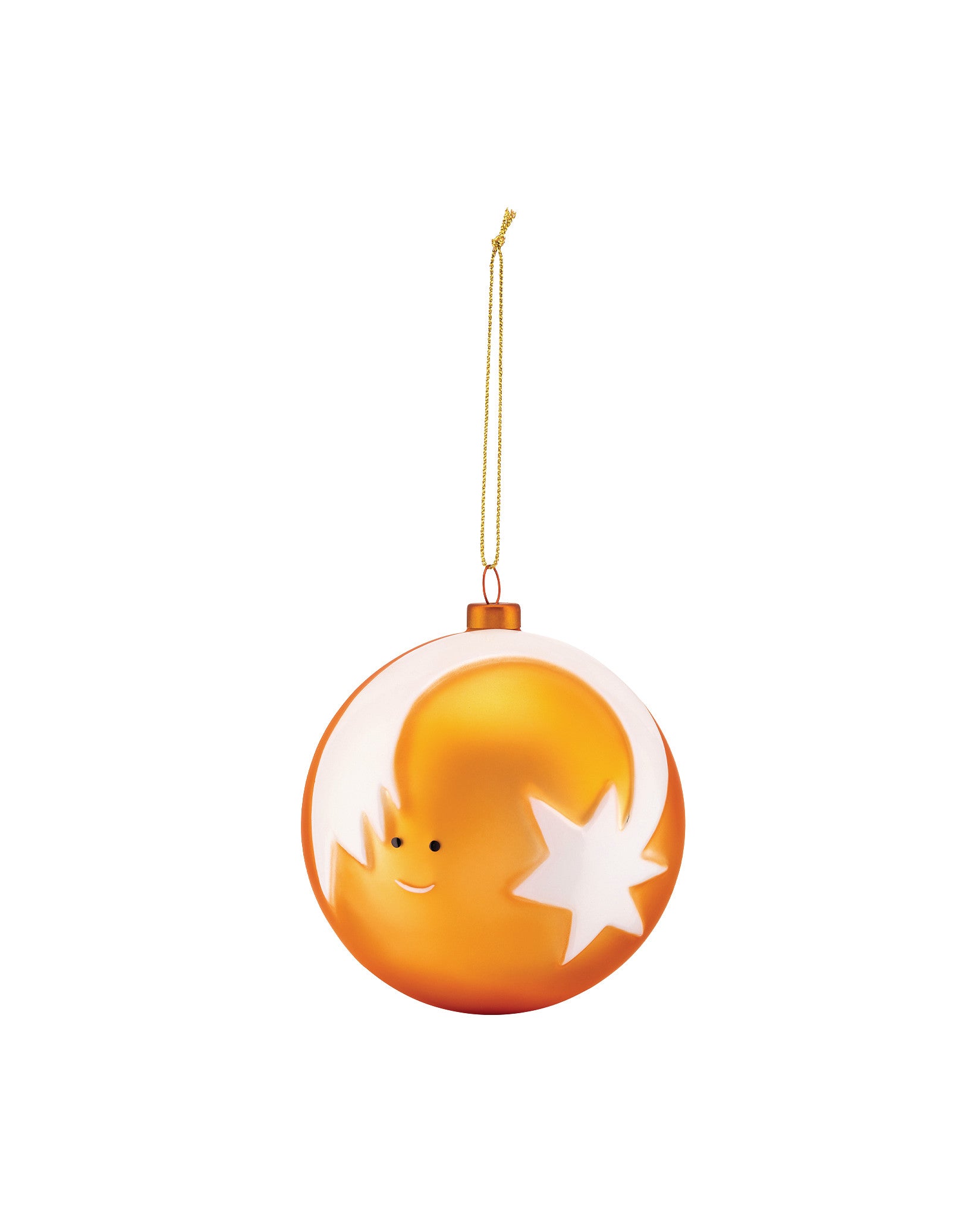 Orange and white Christmas ornament by Alessi, featuring a smiling comet star design with a golden string.