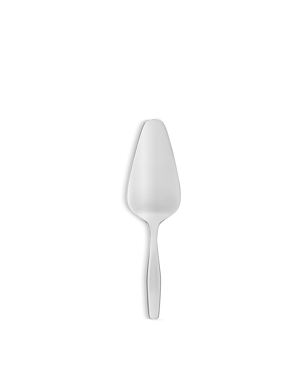 Silver pie server by Alessi with a sleek, polished finish, centered on a white background.