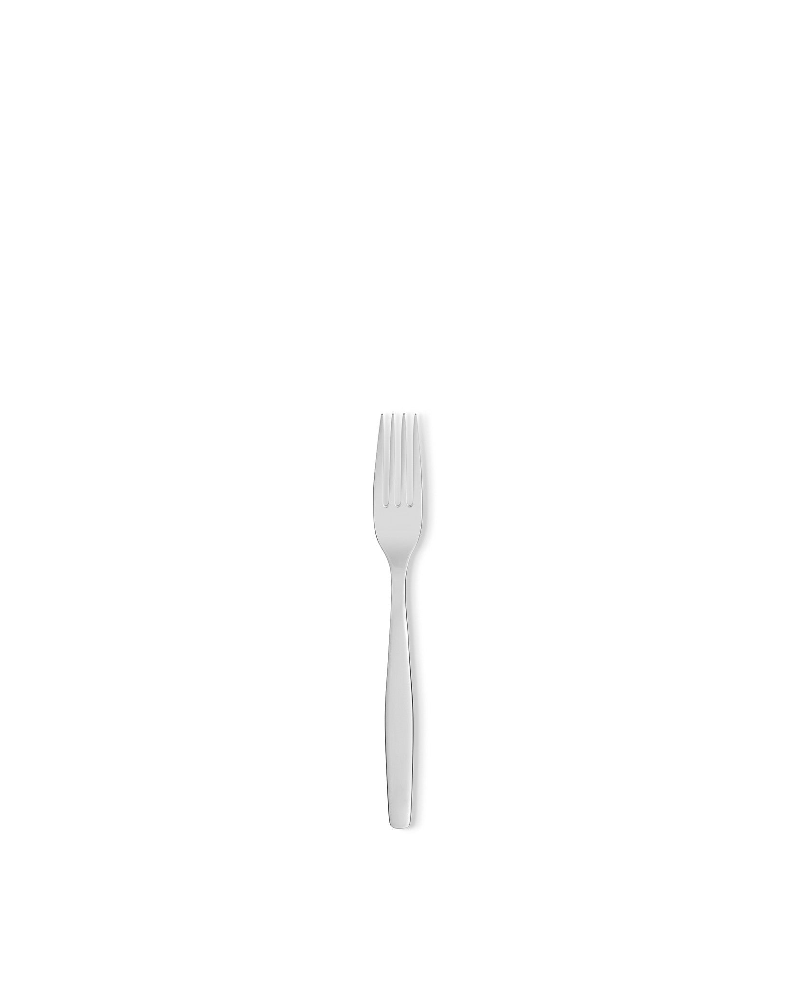Silver metallic fork by Alessi, with a polished finish and four tines.