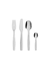 Polished stainless steel cutlery set by Alessi, including a fork, serrated knife, and two spoons.