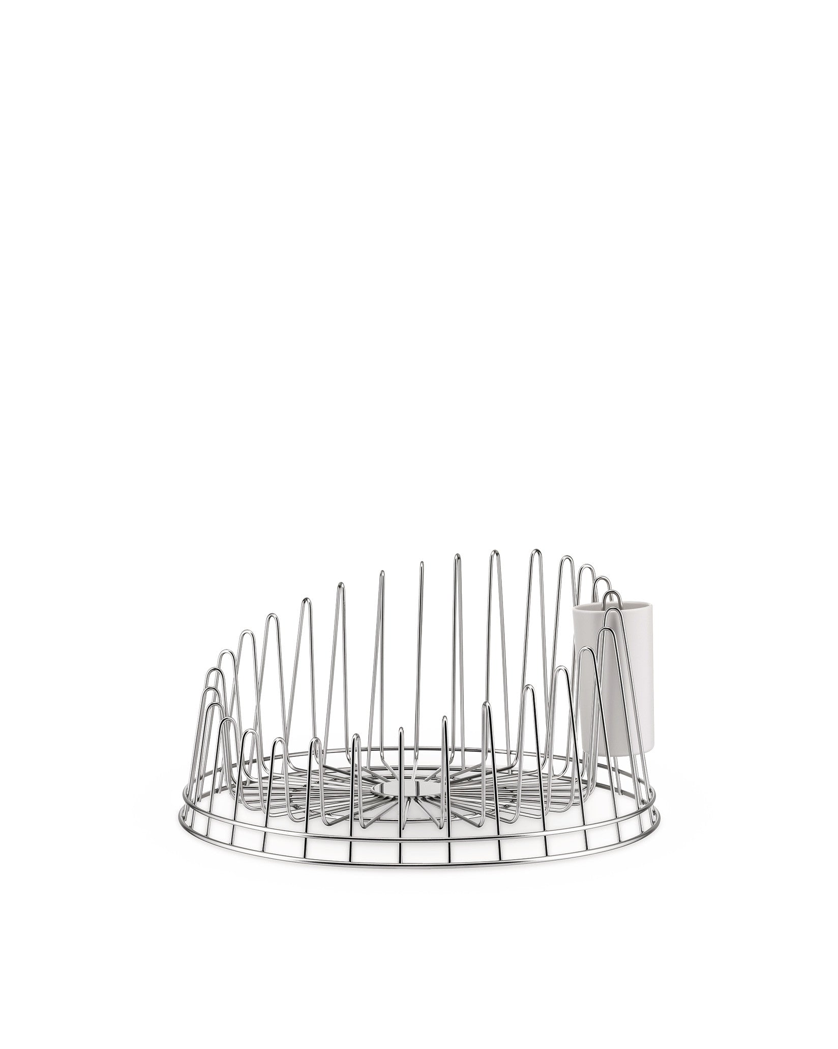 Silver-toned wire dish rack by Alessi, featuring a radial design and an integrated white utensil holder.