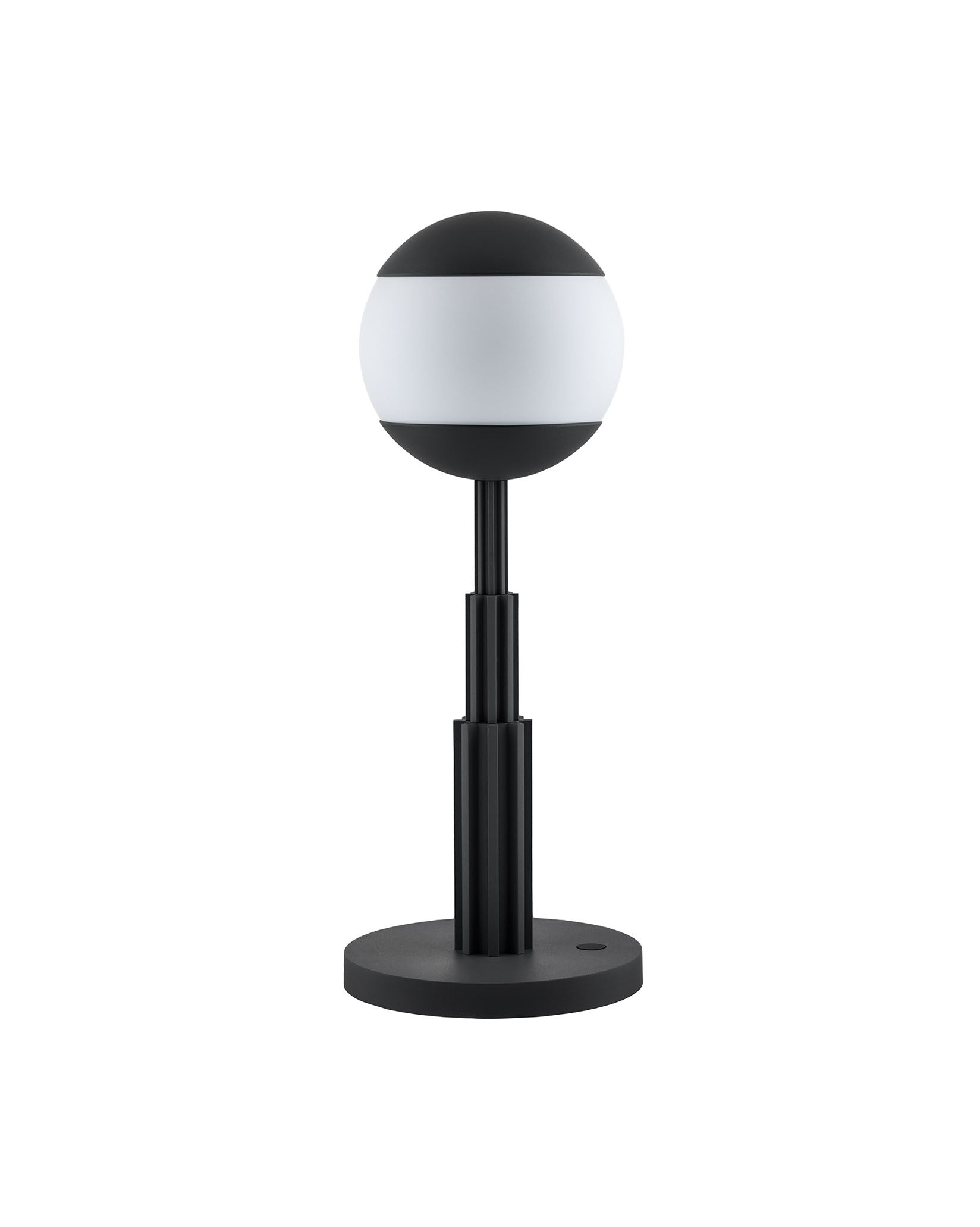 Black and white spherical table lamp by Alessi with a fluted stem and round base.
