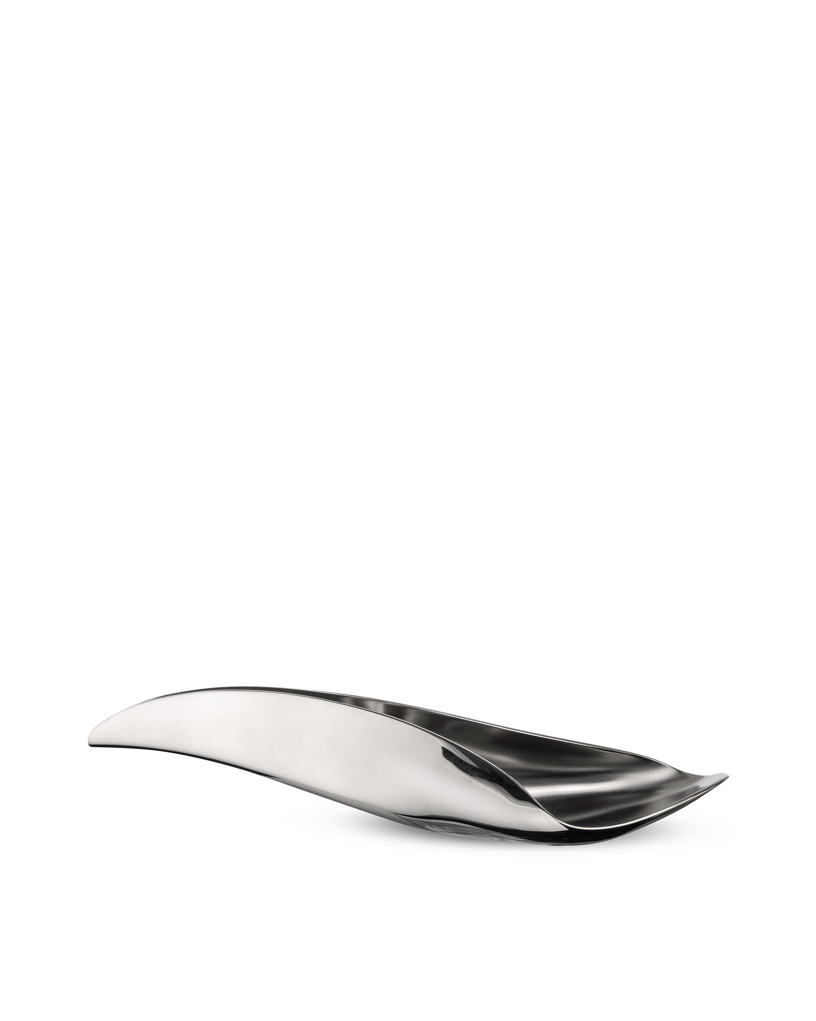 Polished silver decorative tray by Alessi, elongated with a fluid, wavy design.