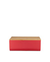 A red and wood bread bin by Alessi with a bamboo cutting board lid, front view.