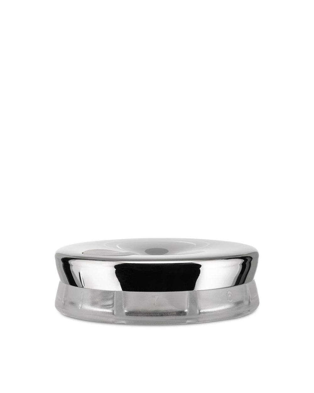 Silver polished chrome YoYo by Alessi, with a clear numbered base and recessed center.