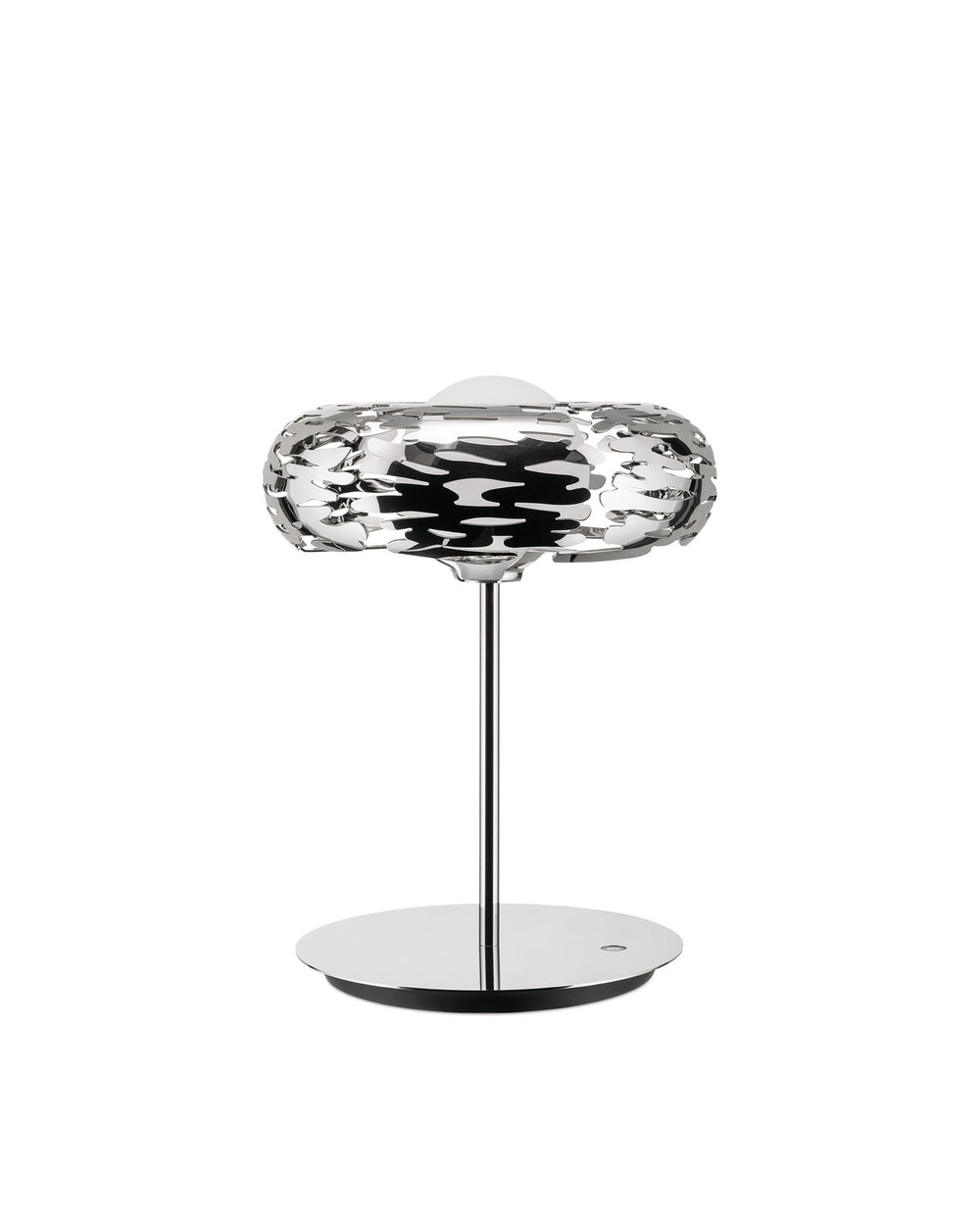 Chrome-plated Barklamp by Alessi, featuring an intricate bark-like cutout shade and a shiny round base.