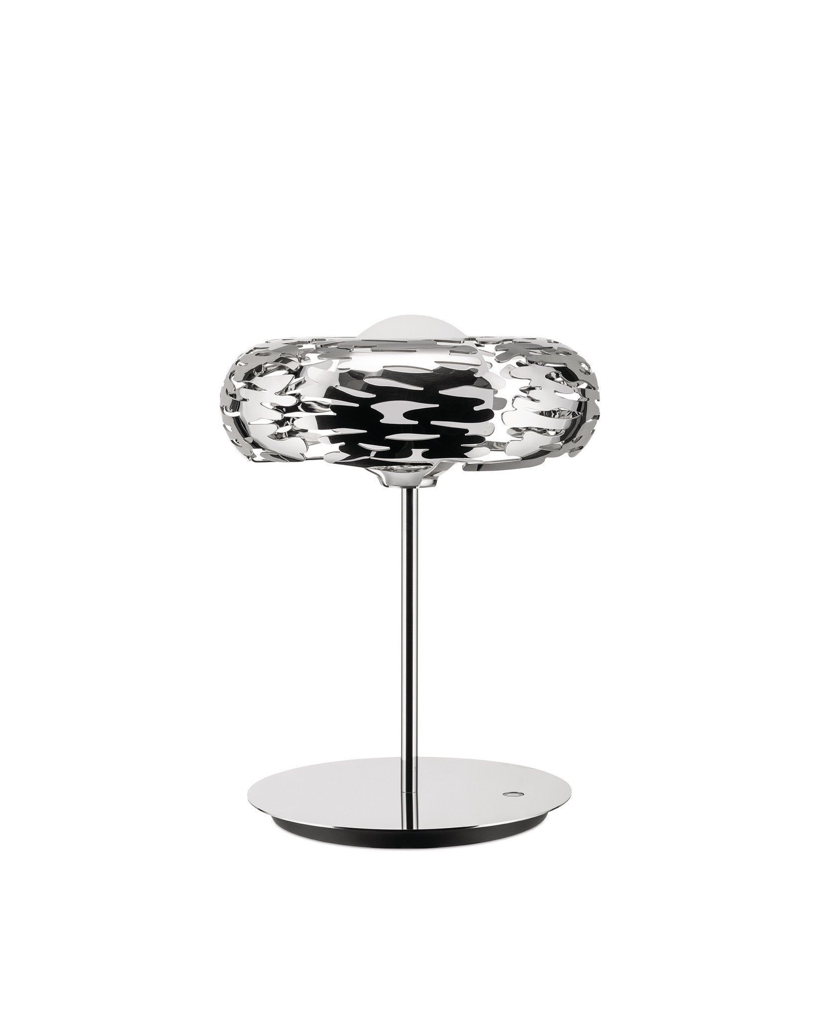 Chrome-plated Barklamp by Alessi, featuring an intricate bark-like cutout shade and a shiny round base.