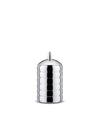 Chrome-plated jar by Alessi with a ribbed, cylindrical body and a pointed finial on the lid.