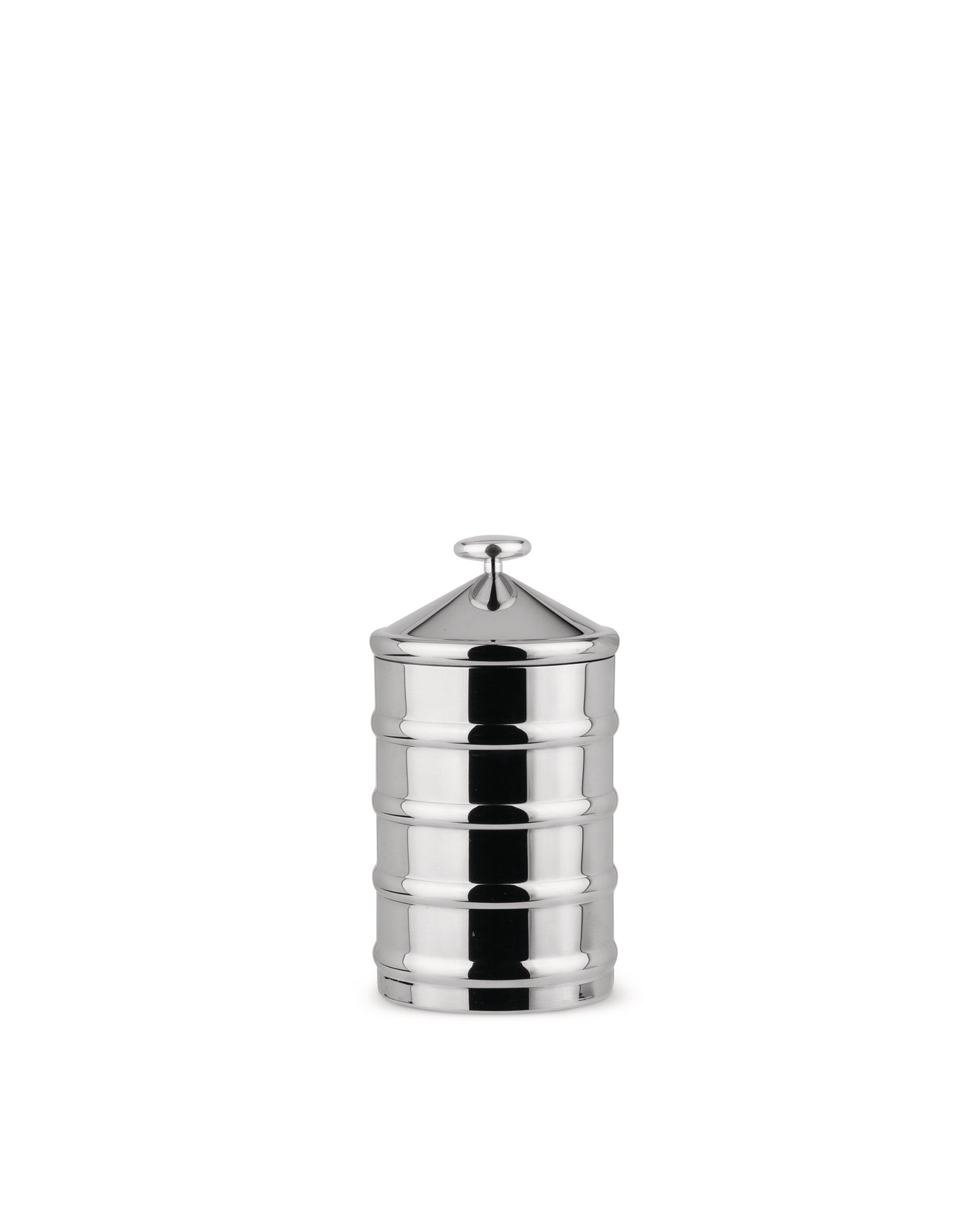 Polished silver jar by Alessi with a tiered body, conical lid, and small knob handle.