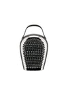 A polished metal cheese grater by Alessi, featuring a bell shape and a surface of small holes.