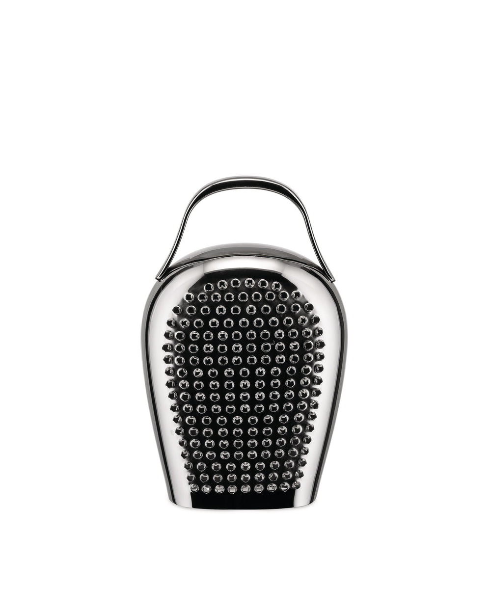 A polished metal cheese grater by Alessi, featuring a bell shape and a surface of small holes.