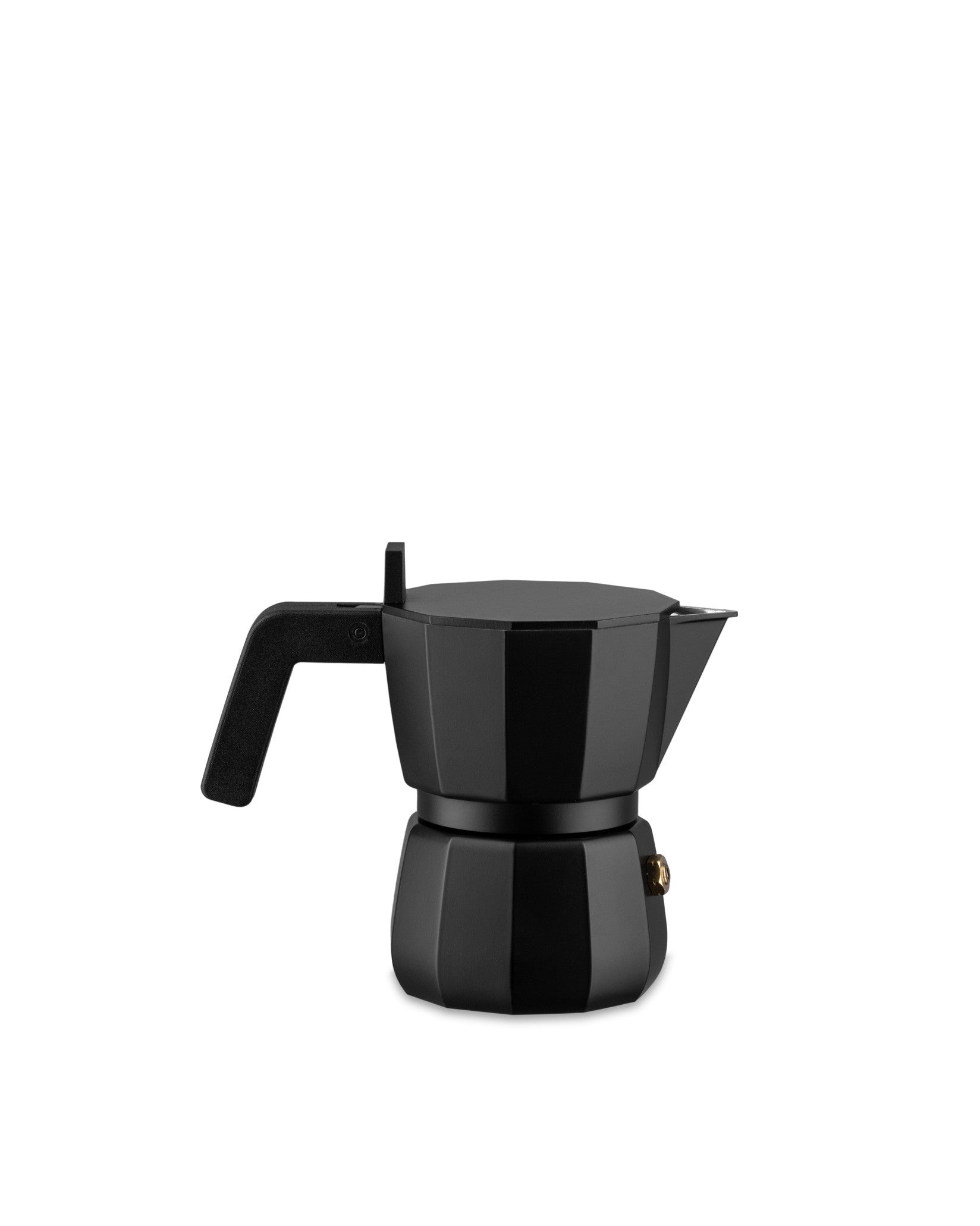 Matte black moka pot by Alessi, with an octagonal base and a small brass-colored valve.