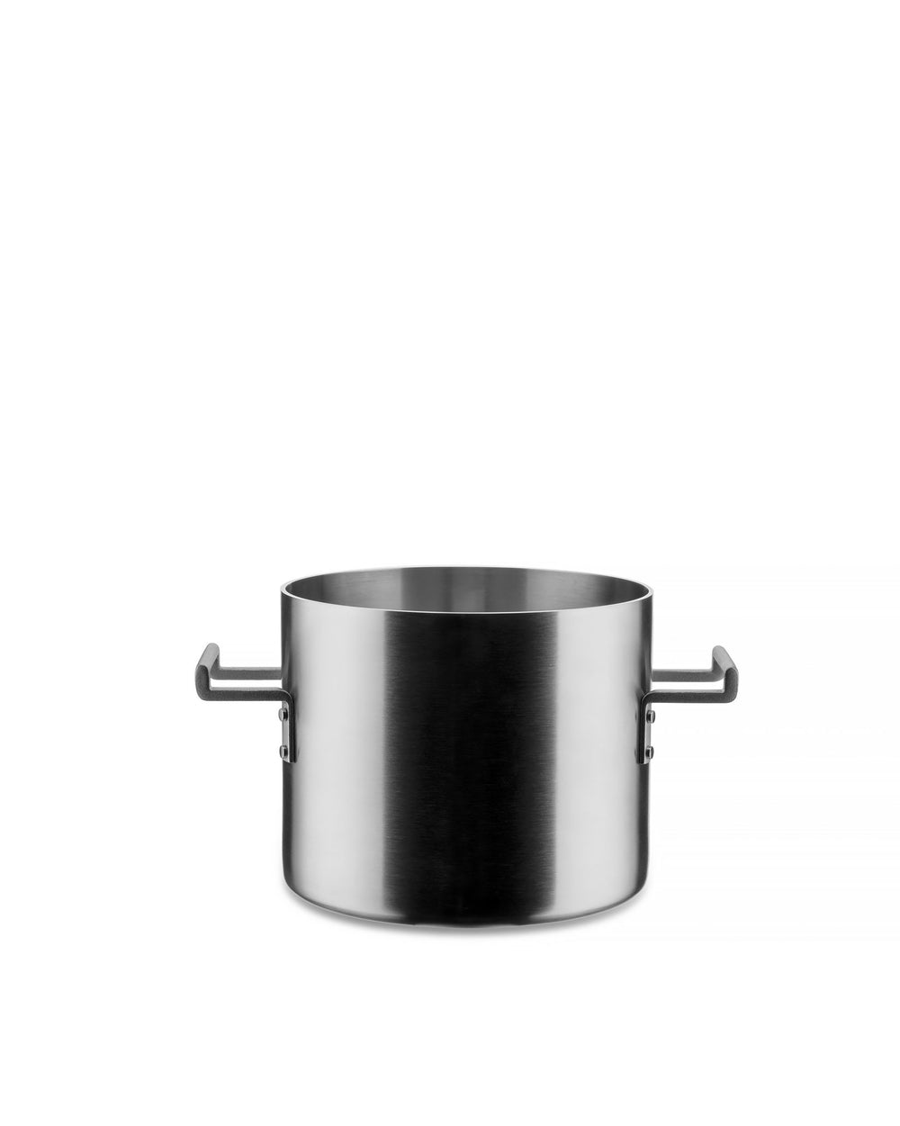Stainless steel pot by Alessi, with two flat, rectangular handles on a white background.