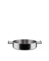 Shallow round stainless steel pot by Alessi with two black loop handles.