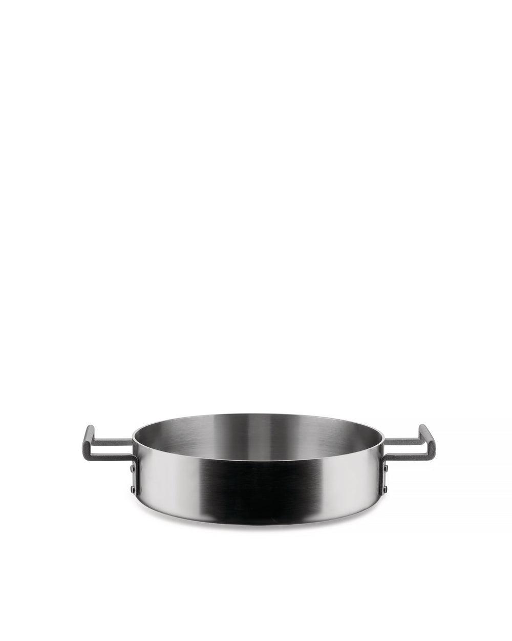 Shallow round stainless steel pot by Alessi with two black loop handles.