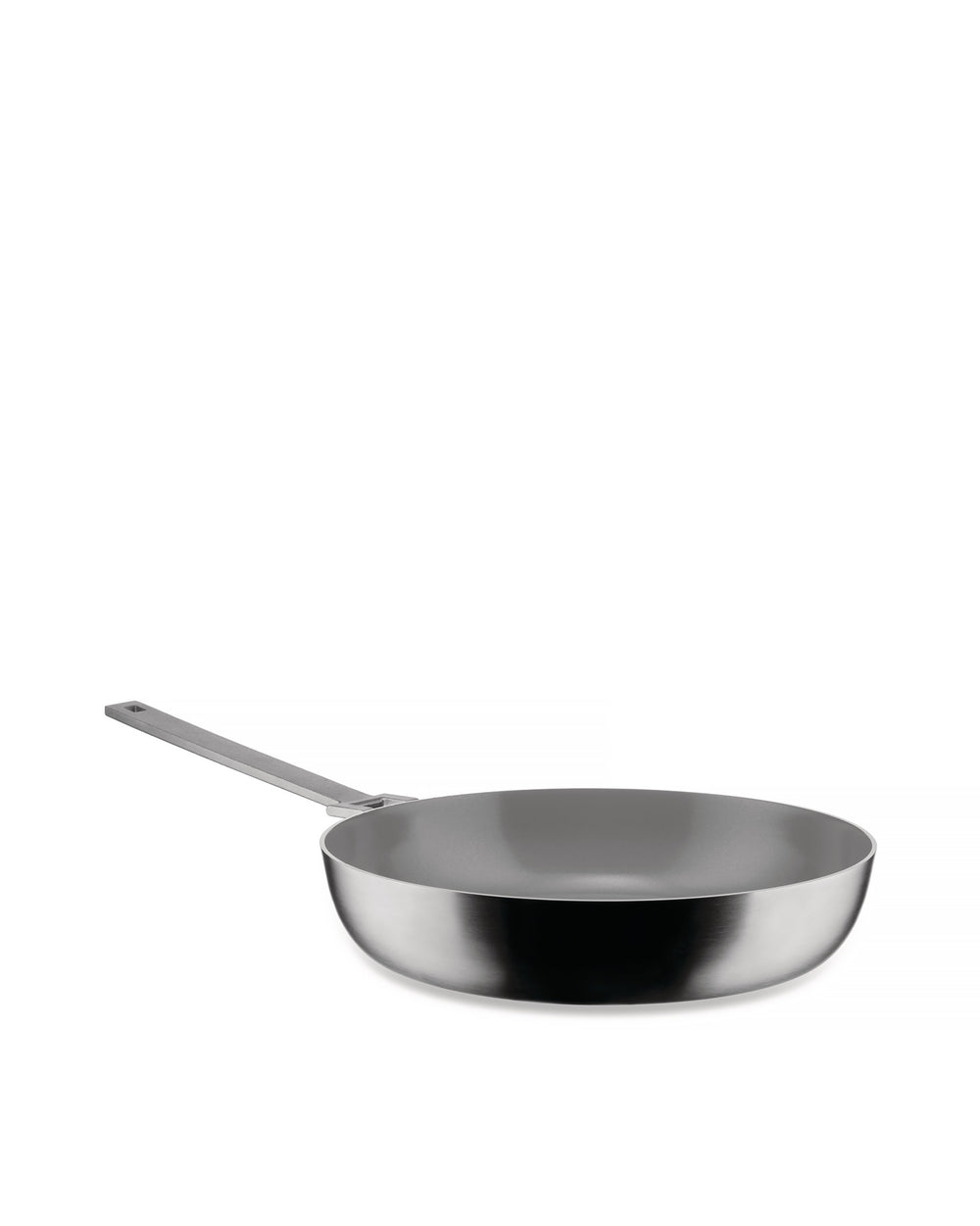 Metallic grey frying pan by Alessi with a long handle featuring a square hanging hole, shown angled.