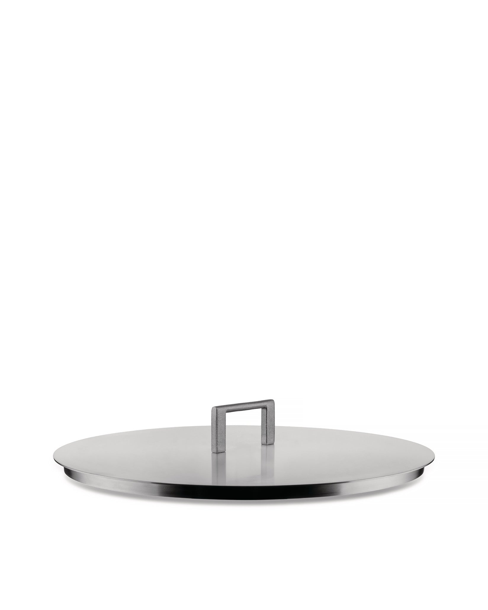 Round stainless steel lid by Alessi with a brushed finish and a U-shaped handle.