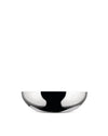 A polished silver metallic bowl by Alessi, featuring a deeply curved silhouette and reflective black interior.