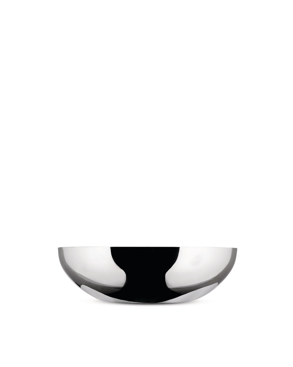 A polished silver metallic bowl by Alessi, featuring a deeply curved silhouette and reflective black interior.