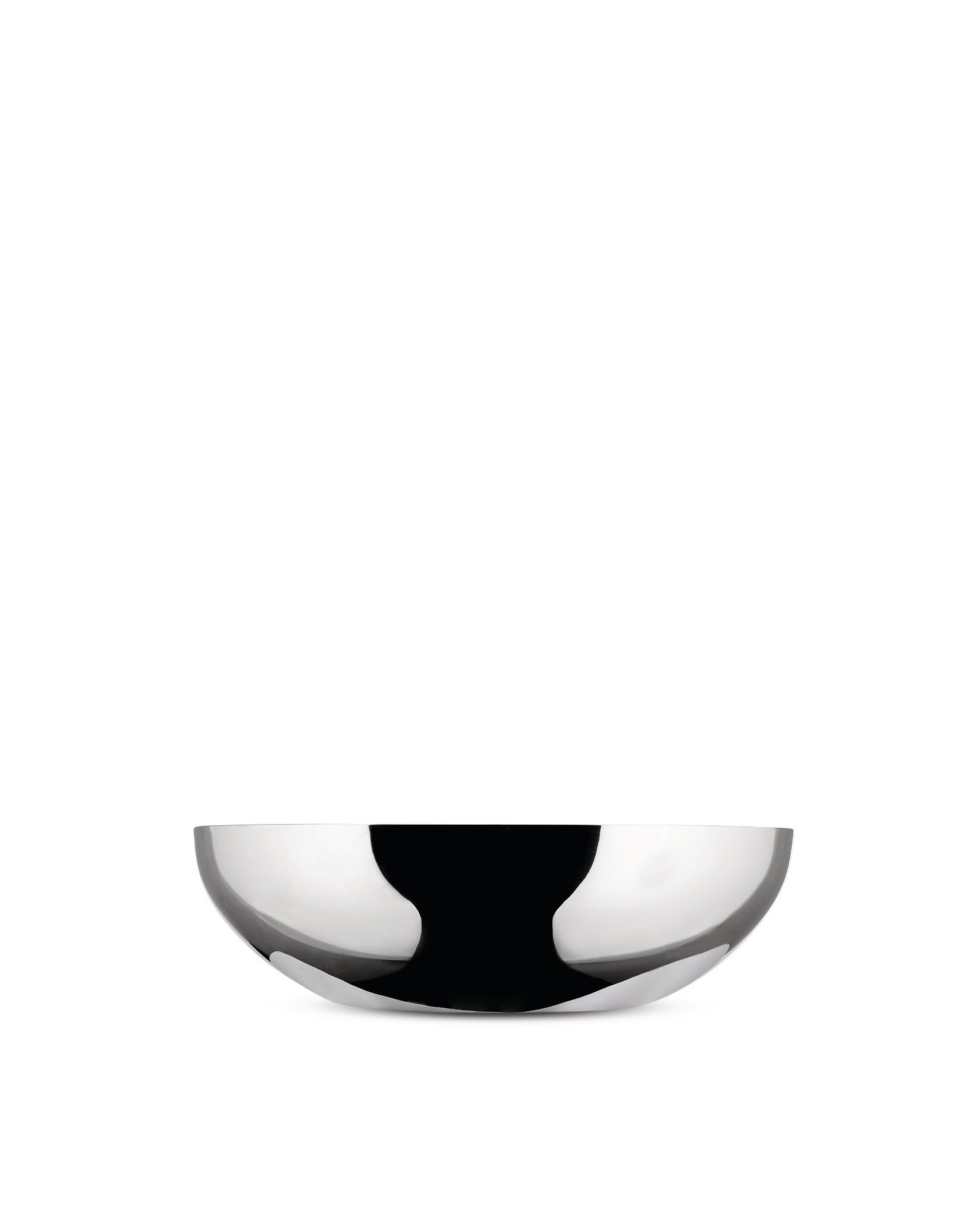 A polished silver metallic bowl by Alessi, featuring a deeply curved silhouette and reflective black interior.