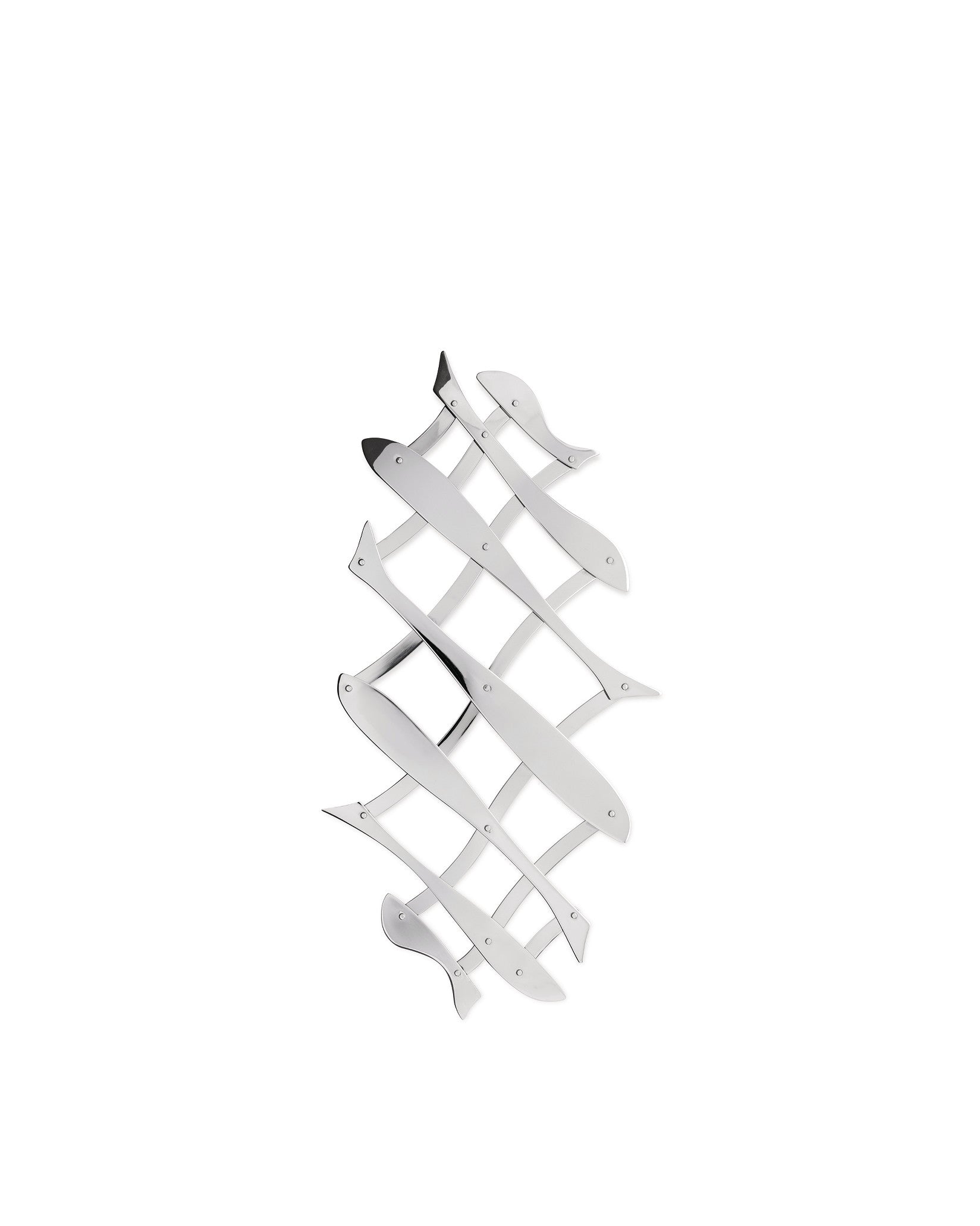 Silver-tone metal trivet by Alessi, featuring an expanding grid of interlocking stylized fish shapes.