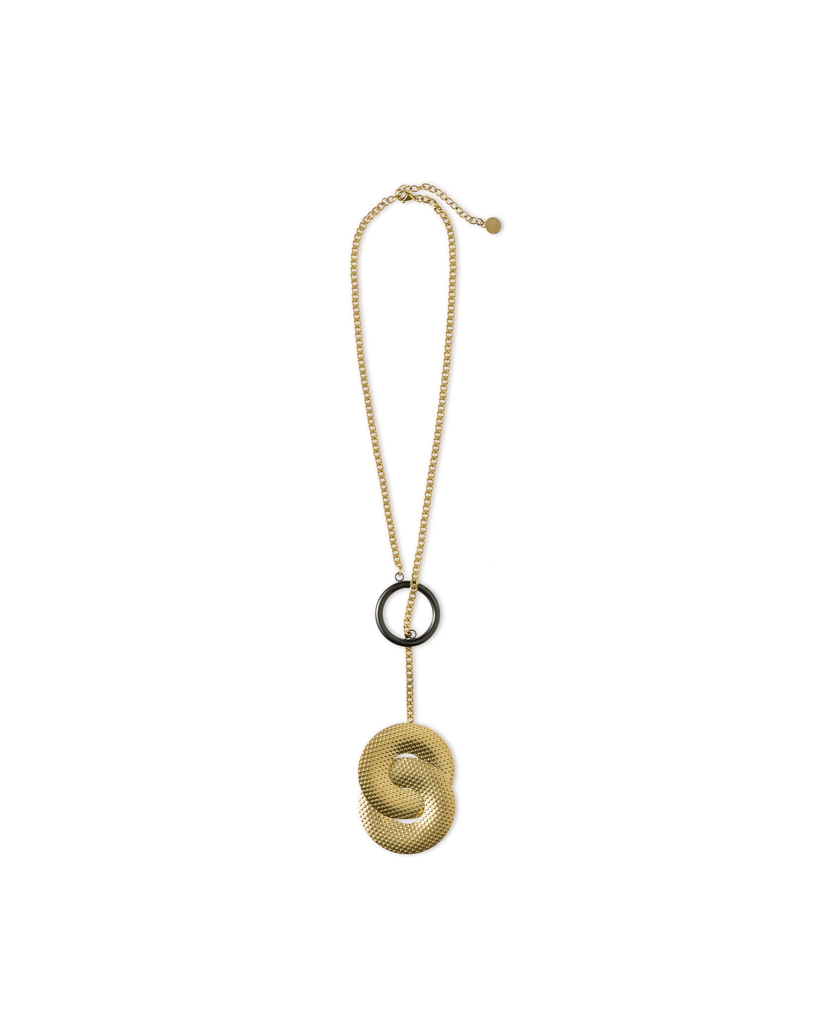 Gold-tone necklace by Alessi with a black ring and two textured interlocking S-shaped pendants.