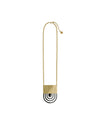 Gold and black pendant necklace by Alessi, featuring a textured gold rectangular top and concentric black arcs.