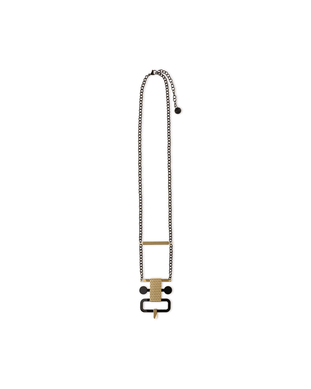 A black chain necklace by Alessi with a gold-toned bar and geometric black and gold pendant.