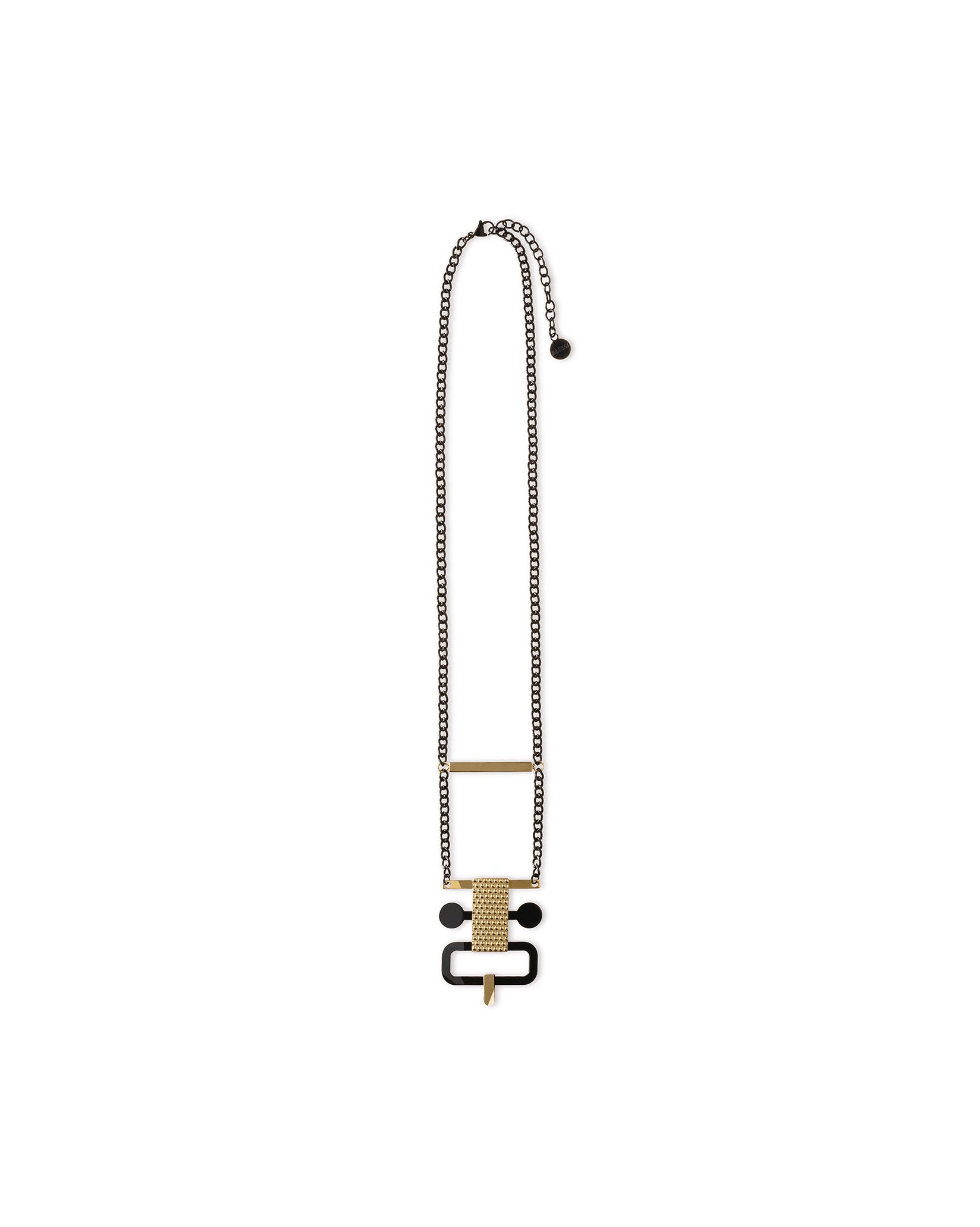 A black chain necklace by Alessi with a gold-toned bar and geometric black and gold pendant.