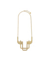 Gold-toned necklace by Alessi with a geometric pendant featuring textured, dotted surfaces and smooth square shapes.
