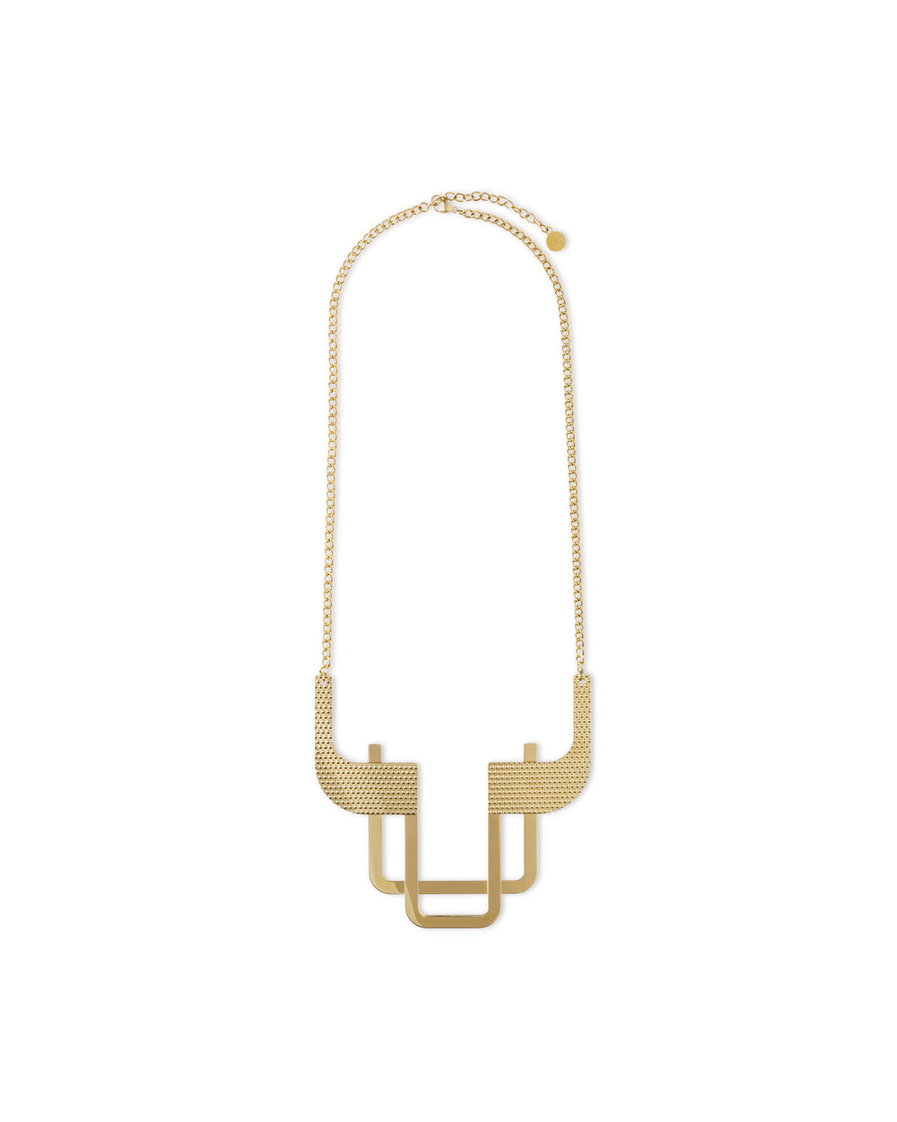 Gold-toned necklace by Alessi with a geometric pendant featuring textured, dotted surfaces and smooth square shapes.