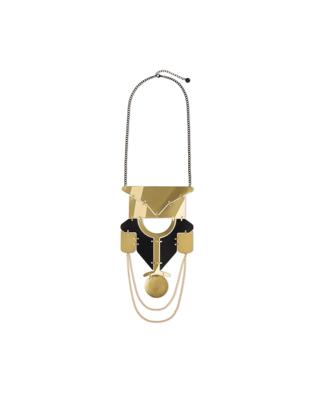 Gold and black geometric statement necklace by Alessi with layered metal and a textured circular pendant.